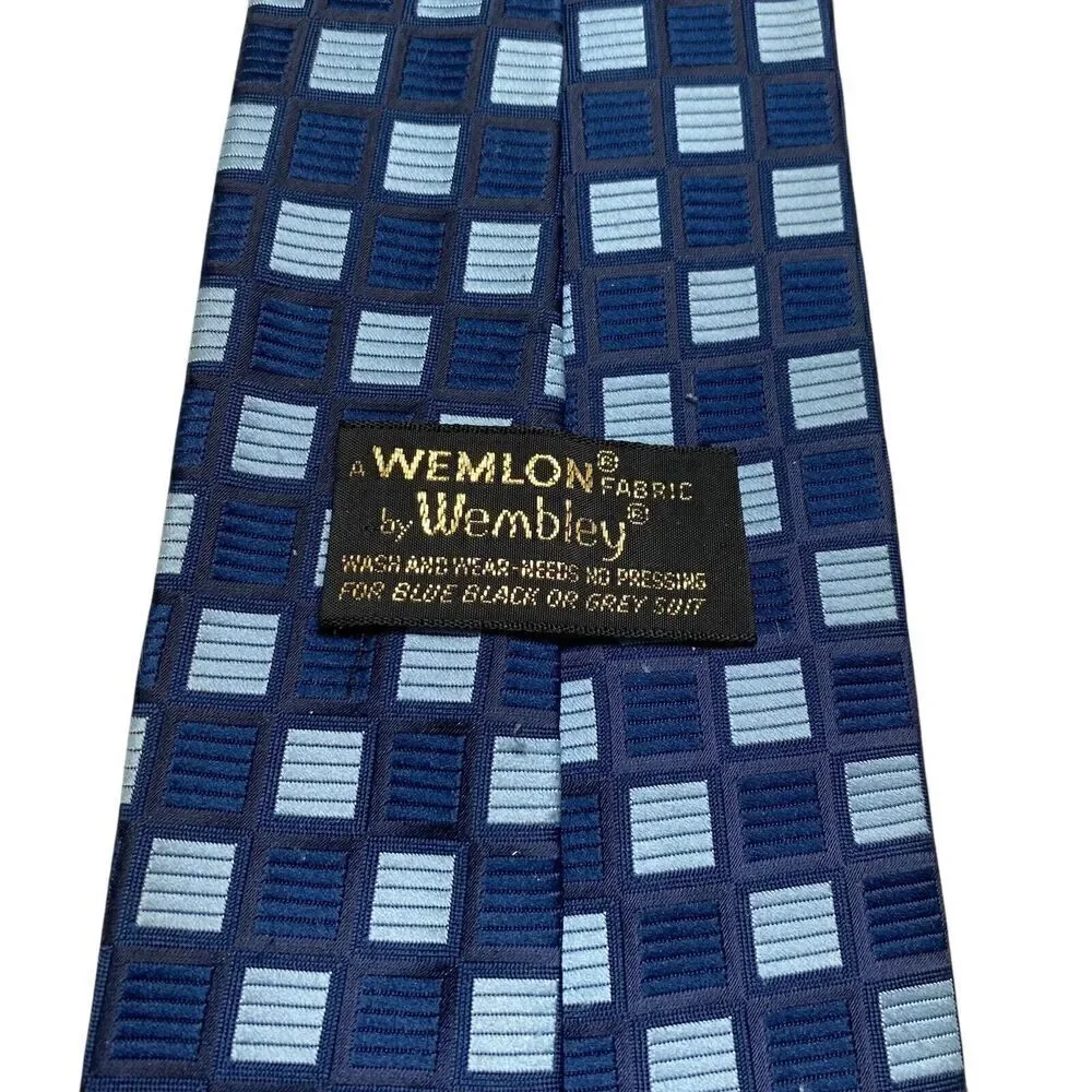 Vtg Wembley Men's Tie Necktie Wide Wemlon Polyester Blue Black Squares Mod Disco